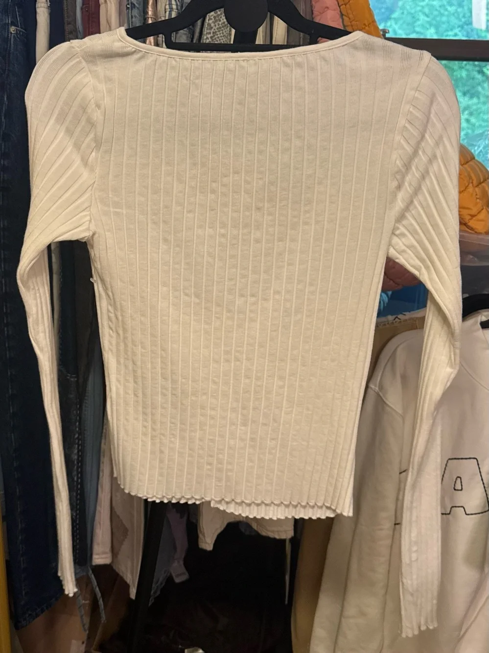 Free People Cream Ribbed Button-Front Long Sleeve Tee